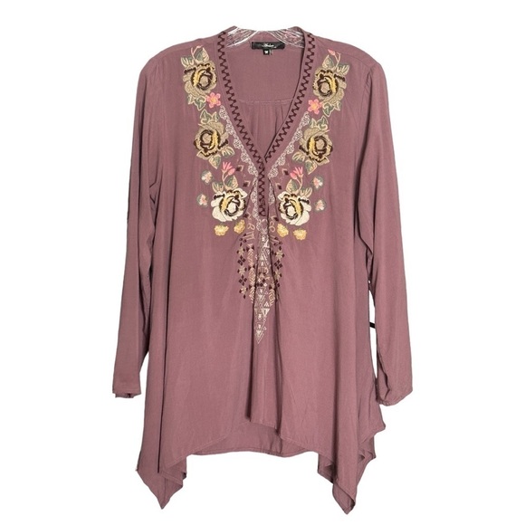 Andree by Unit Mauve Boho Floral Embroidered Lightweight Tunic Top Size M - Picture 3 of 10